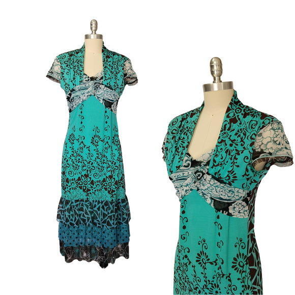 Anac Designed by Kimi Vintage Y2K Mesh Midi Dress Size M Blue Floral Polka Dot - Picture 1 of 9